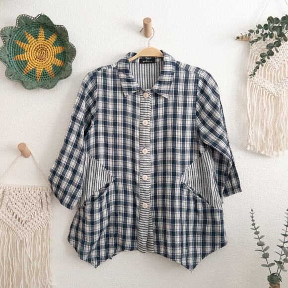 Yushi Blue and Cream Plaid and Stripe Button Down Top - Picture 1 of 5